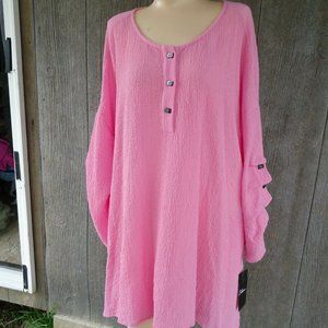 NWT Calessa Pink Crinkle Lagenlook Button Henley